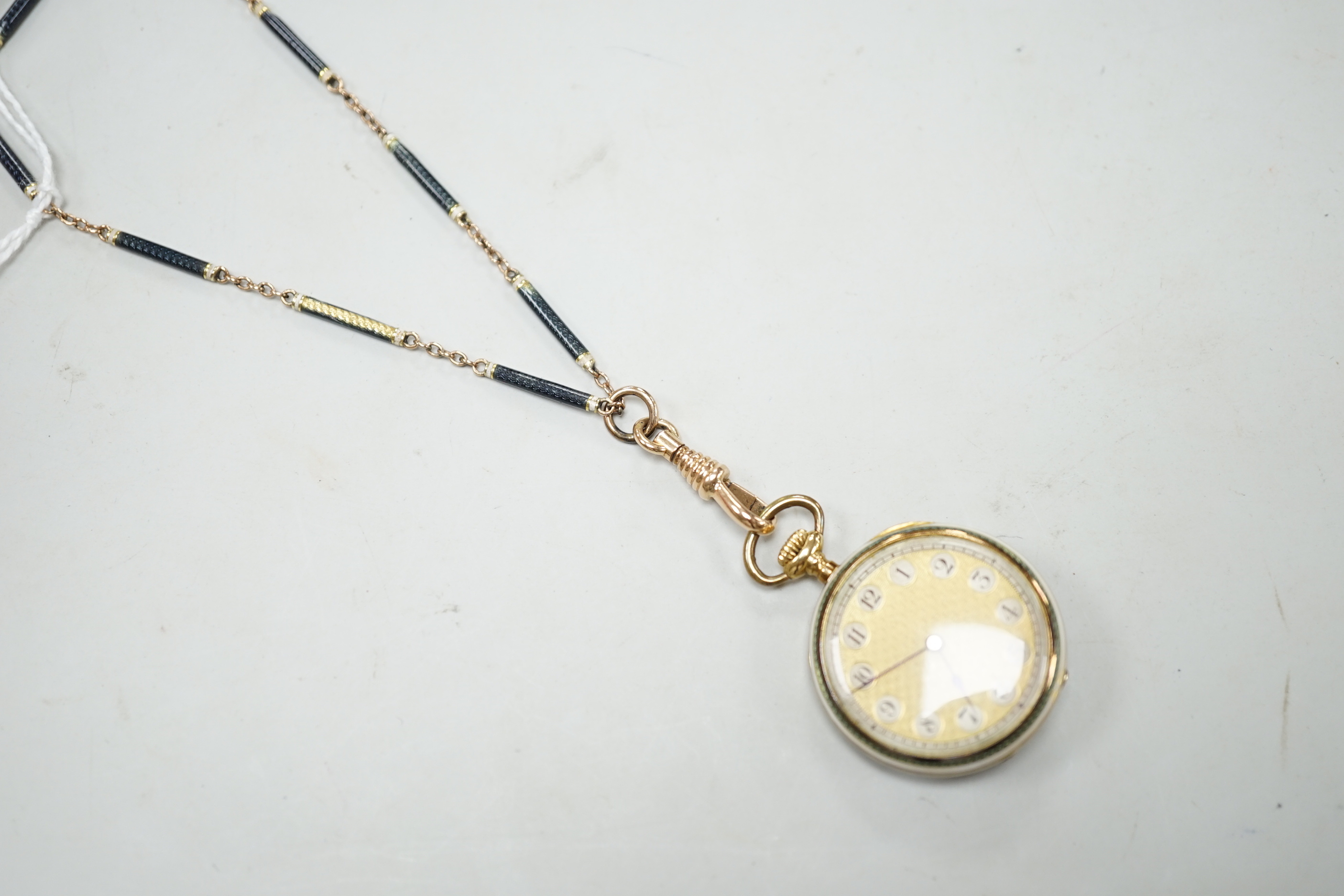 An 18ct gold, two colour enamel and diamond set open face fob watch, on a similar 9ct and enamel albertina, 56cm, gross weight 29.1 grams.